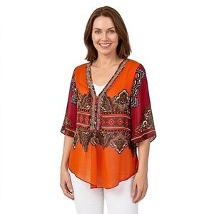 Joseph Ribkoff Colorful Sheer Blouse with Multicolored Rhinestones Size 6